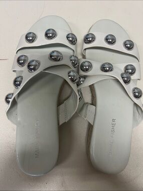 Marc Fisher White Slide Sandals with Silver Stud Accents